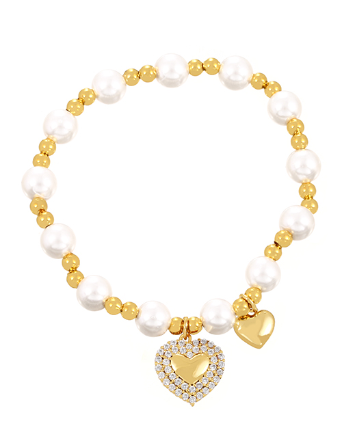Fashion Gold-2 Bronze Zirconium Heart Pearl Beaded Bracelet