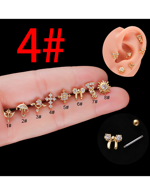 Fashion Gold 4# Stainless Steel Inlaid Zirconium Stem Piercing Stud Earrings