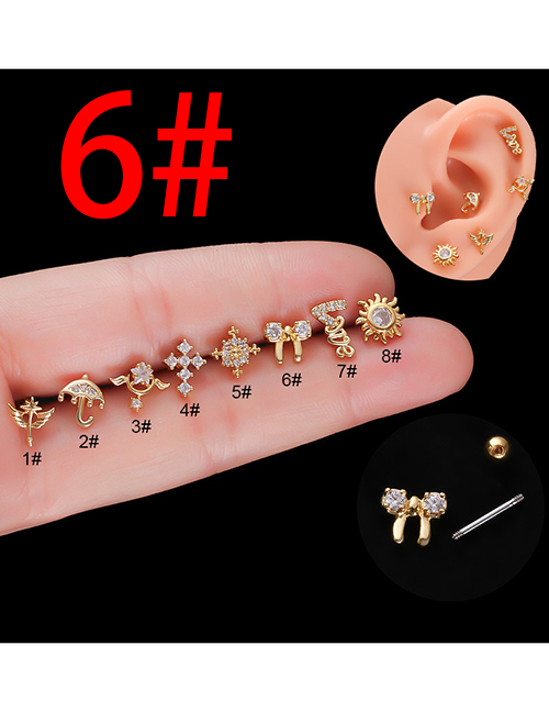 Fashion Gold 6# Stainless Steel Inlaid Zirconium Stem Piercing Stud Earrings