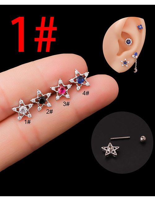 Fashion Silver 1# Titanium Steel Set Zirconium Hollow Pentagram Pierced Stud Earrings