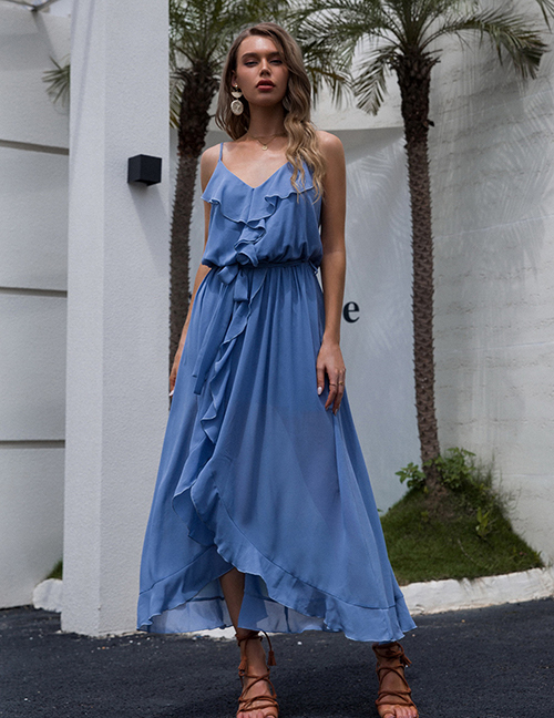 Fashion Blue Solid Color V-neck Ruffle Slit Dress