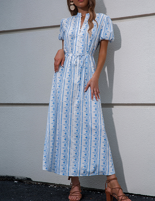 Fashion Blue Polyester Print Lace-up Puff Sleeve Dress