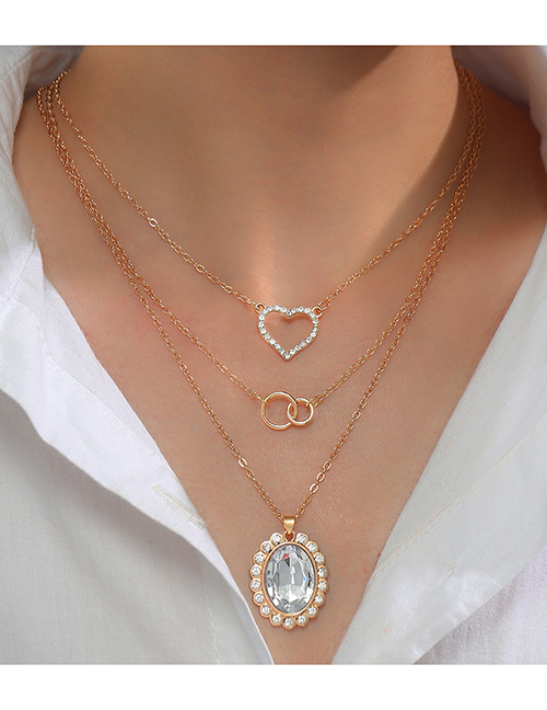 Fashion 6# Alloy Diamond Geometric Heart Ring Multilayer Necklace