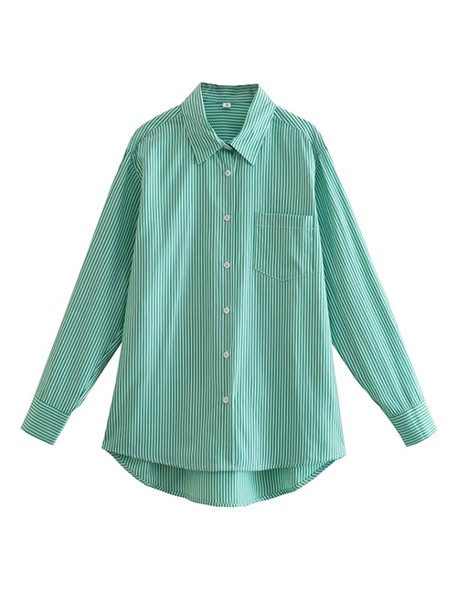 Fashion Green Woven Striped Button Down Collar Shirt