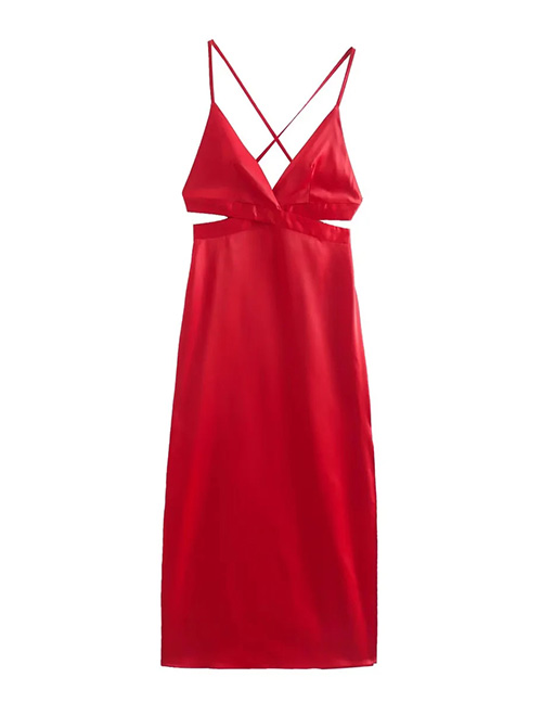 Fashion Red Woven Cutout Back Crossover Slip Dress