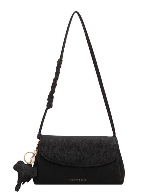 Fashion Black Pu Litchi Pattern Flap Messenger Bag