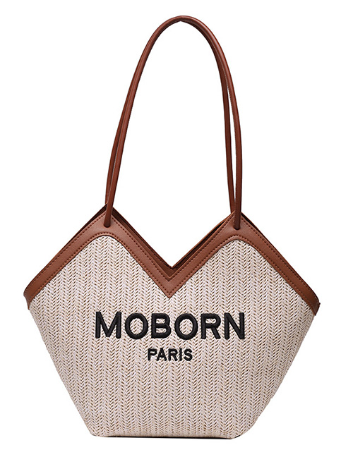 Fashion Brown Large-capacity Shoulder Bag In Contrasting Stitching Straw