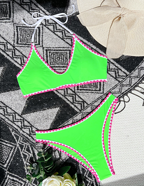 Fashion Green Nylon Colorblock Halter Tie Split Swimsuit