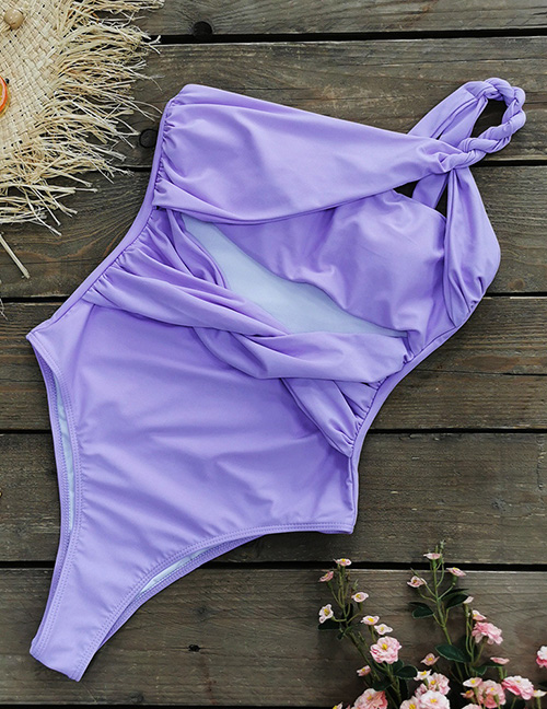 Fashion Purple Solid Color Cross Cutout One-shoulder Swimsuit