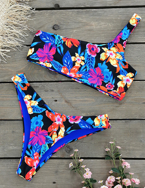 Fashion Blue-pink Flower On Black Polyester Print One-shoulder Split Swimsuit