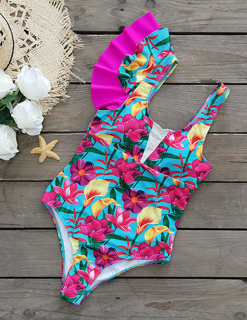 Fashion Green Background Pink Flower Polyester Printed Lace Asymmetric One-piece Swimsuit