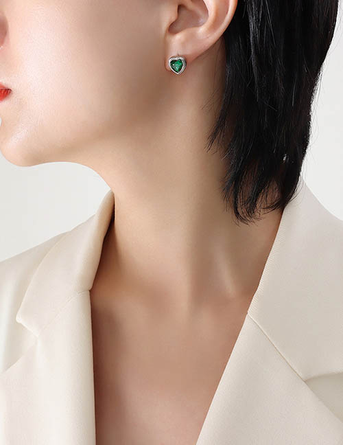 Fashion Green Zircon Steel Earrings Titanium Diamond Heart Stud Earrings