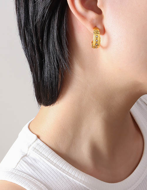 Fashion Gold Titanium Steel With Zirconium Textured C-shaped Earrings