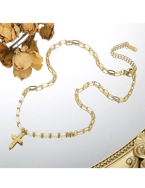 Fashion Gold Titanium Steel Pearl Rice Bead Patchwork Cross Necklace
