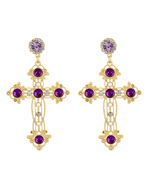 Fashion Purple Alloy Resin Hollow Cross Stud Earrings