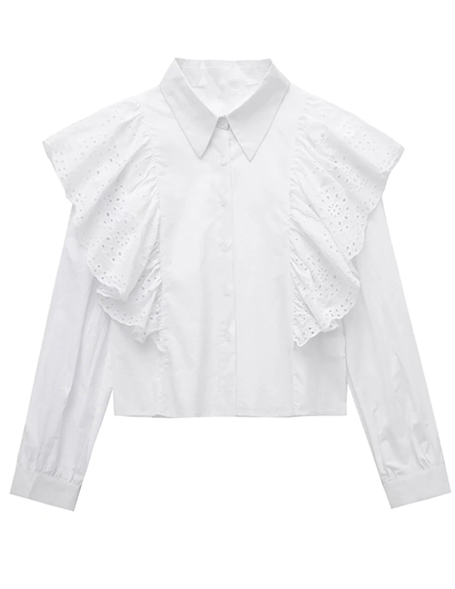 Fashion White Cutout Embroidered Lapel Shirt