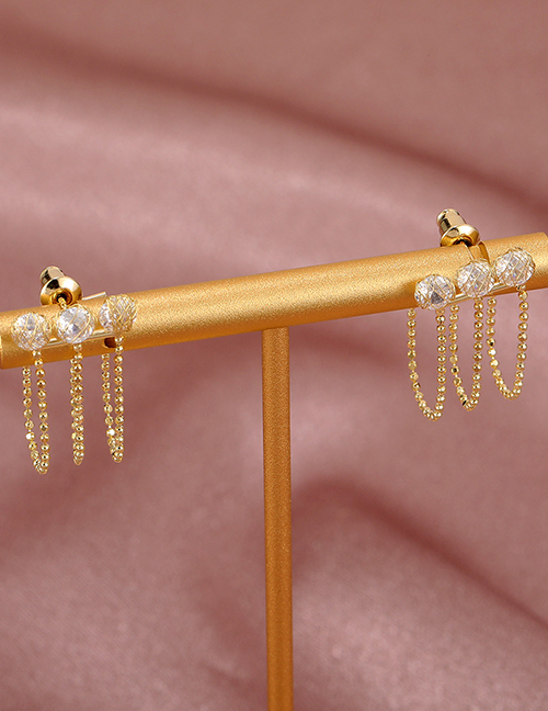 Fashion Gold Brass Set Zirconia Chain Tassel Stud Earrings