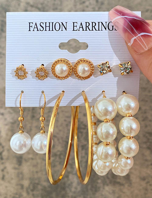 Fashion Gold Alloy Diamond Pearl Geometric Earrings Set
