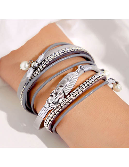 Fashion Silver Faux Leather Diamond Chain Leaf Pearl Magnetic Bracelet