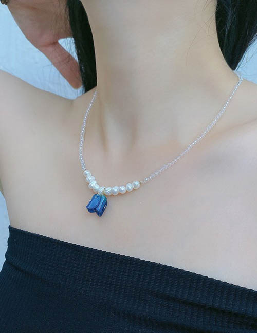 Fashion Blue Crystal Pearl Beaded Tulip Necklace