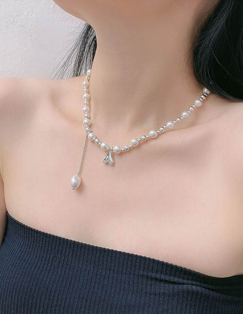 Fashion Silver Pearl Beaded Heart Necklace