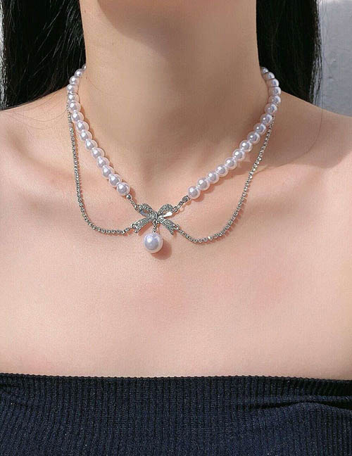 Fashion White Alloy Pearl Beaded Diamond Bow Necklace