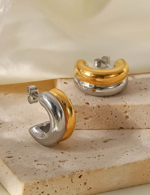 Fashion Gold And Silver Titanium Colorblock C-shaped Stud Earrings