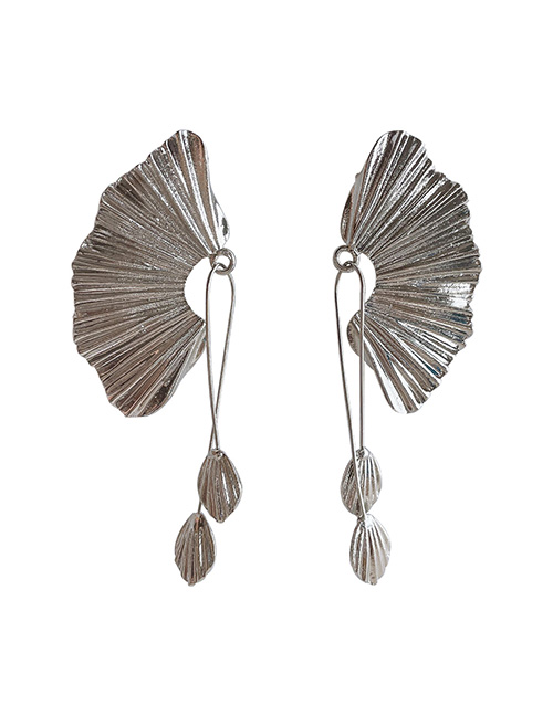 Fashion Silver Textured Scalloped Leaf Drop Earrings