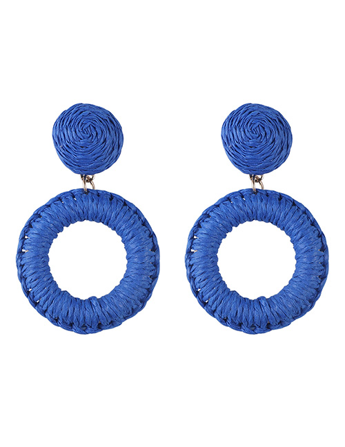 Fashion Blue Braided Raffia Large Hoop Stud Earrings