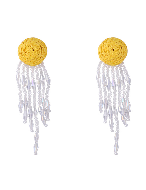 Fashion Yellow Raffia Button Crystal Tassel Drop Earrings