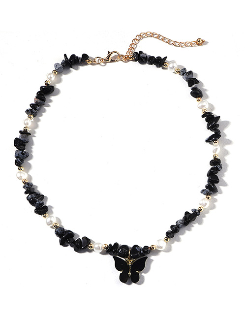 Fashion Black Resin Gravel Beaded Butterfly Necklace