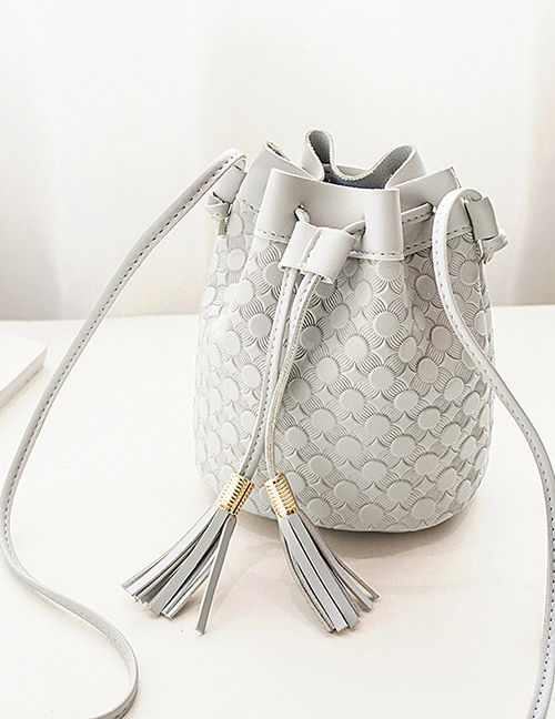 Fashion Grey Pu Embossed Double Tassel Bezel Large Capacity Crossbody Bag  Pu