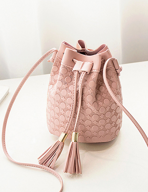 Fashion Pink Pu Embossed Double Tassel Bezel Large Capacity Crossbody Bag  Pu