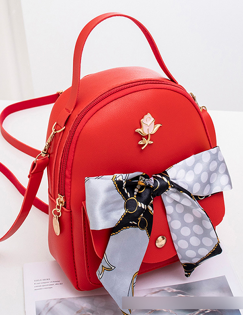 Fashion Red Large Capacity Backpack With Pu Silk Scarf  Pu