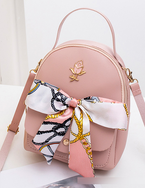 Fashion Pink Large Capacity Backpack With Pu Silk Scarf  Pu