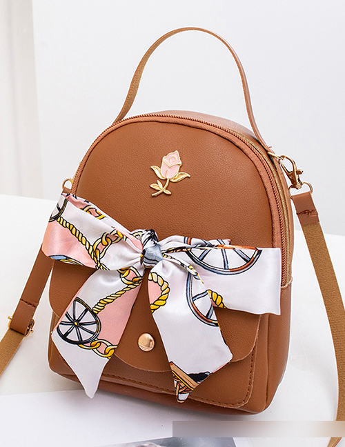 Fashion Brown Large Capacity Backpack With Pu Silk Scarf  Pu