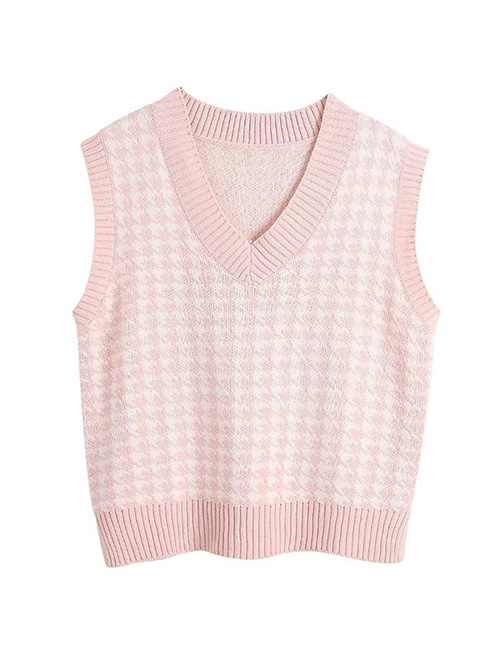 Fashion Pink Acrylic Houndstooth Knit V-neck Tank Top  Acrylic