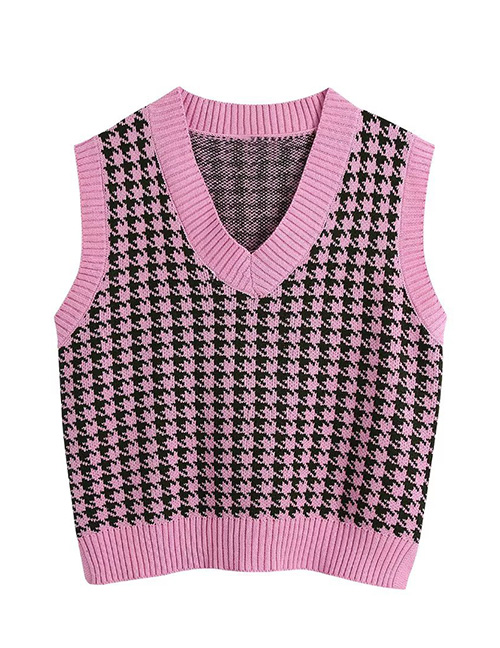 Fashion Rose Red Acrylic Houndstooth Knit V-neck Tank Top  Acrylic
