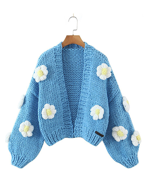Fashion Blue Puff Floral Thick Knit Sweater Cardigan