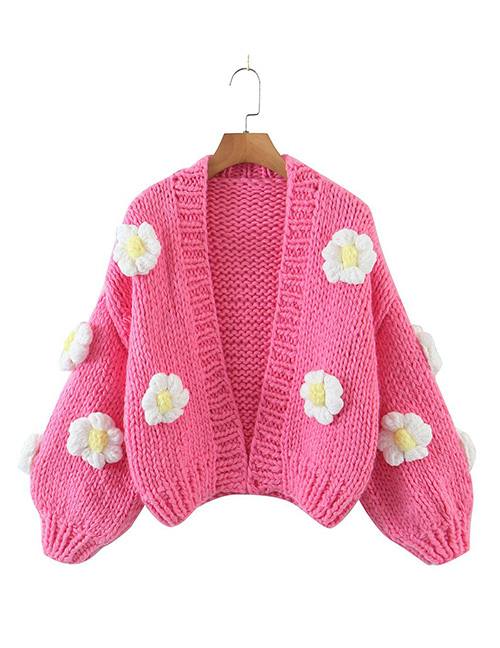 Fashion Rose Red Puff Floral Thick Knit Sweater Cardigan