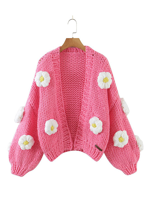 Fashion Pink Puff Floral Thick Knit Sweater Cardigan