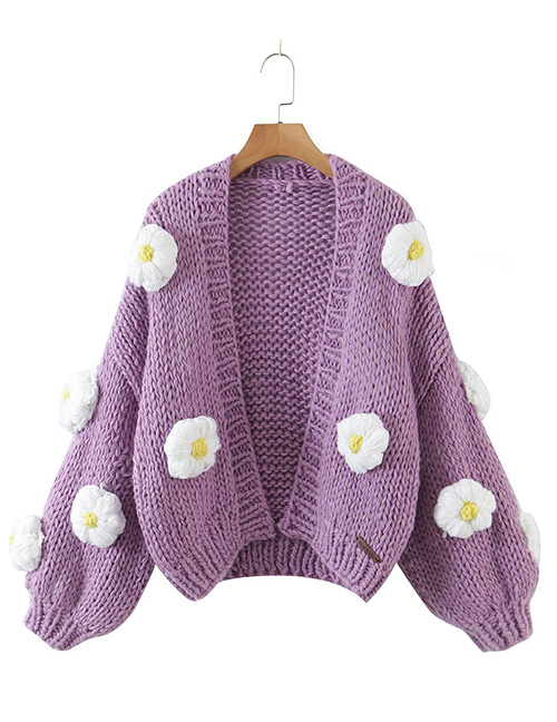 Fashion Purple Puff Floral Thick Knit Sweater Cardigan