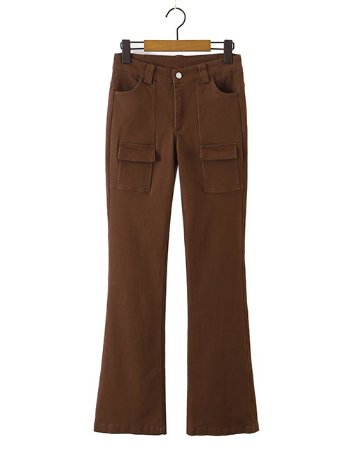 Fashion Brown Solid Color Cargo Multi-pocket Flared Straight Trousers  Cotton