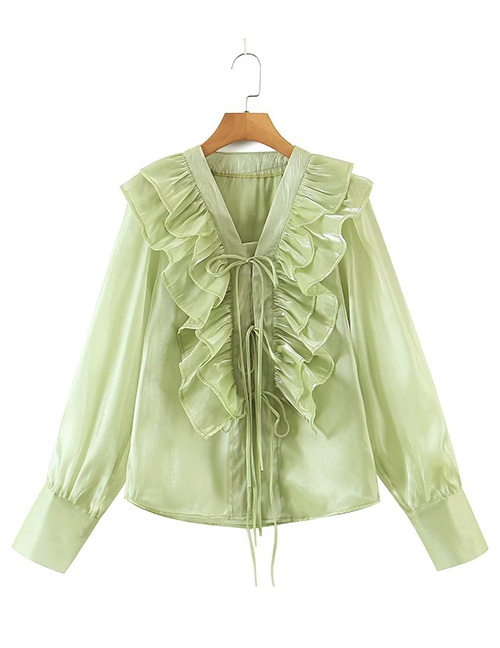 Fashion Green Solid Ruffle V-neck Long Sleeve Shirt  Cotton