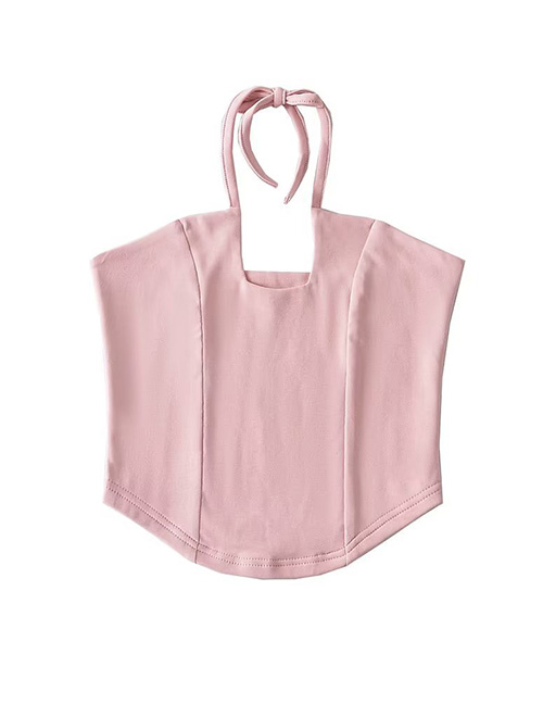 Fashion Pink Solid Curved Halter Tank Top  Cotton