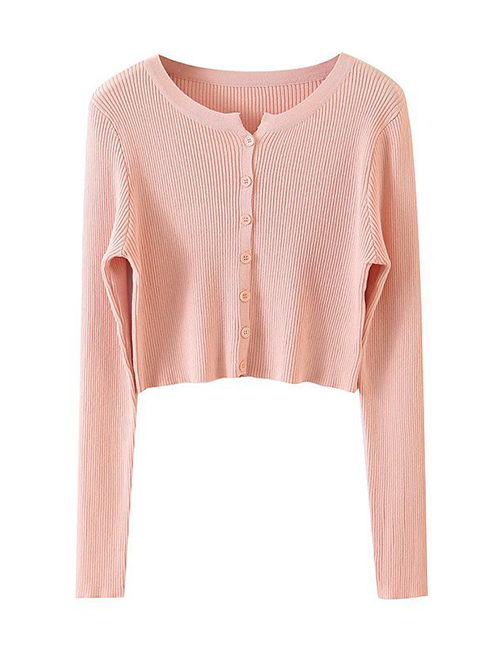 Fashion Pink Acrylic Breasted Long Sleeve Knit Top