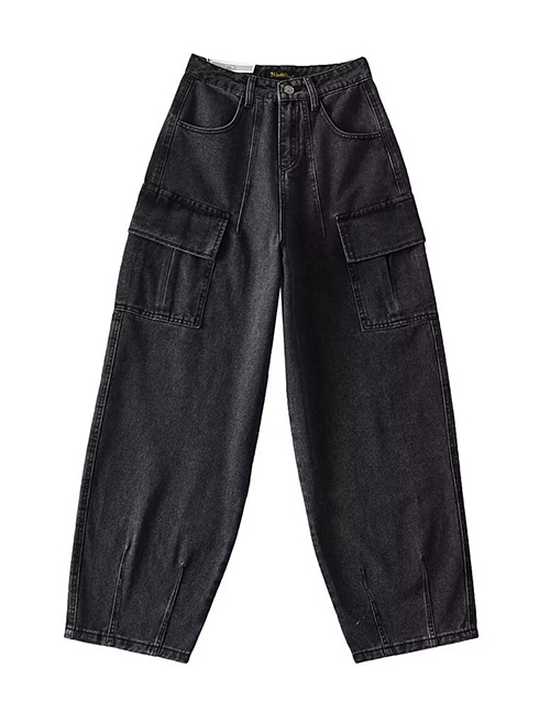 Fashion Dark Grey Washed Multi-pocket Cargo Straight-leg Trousers