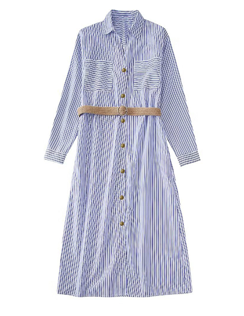 Fashion Blue Linen-blend Striped Lace-up Dress