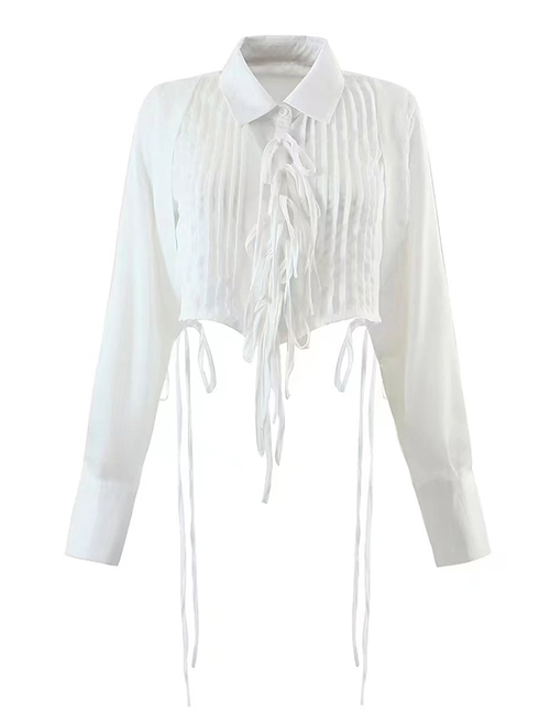 Fashion White Ruched Lace-up Single-breasted Shirt