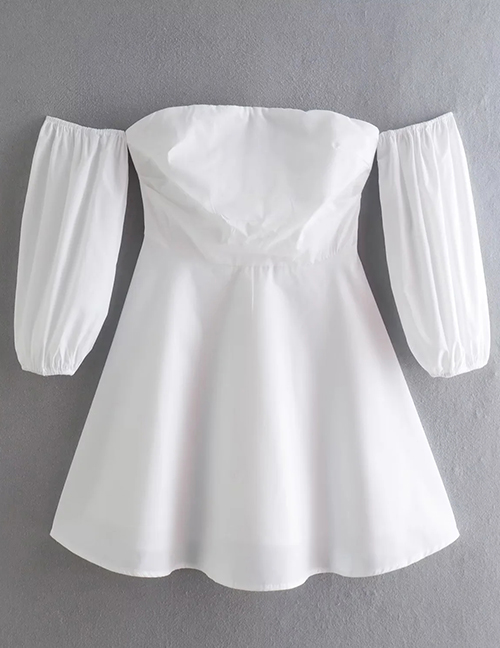 Fashion White Woven Puff Sleeve Off-shoulder Dress  Woven